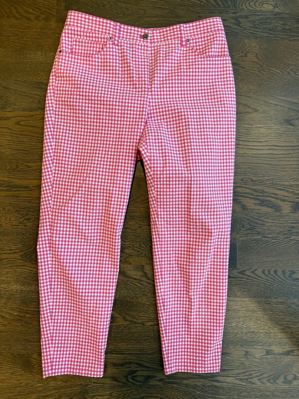 Pink White Gingham Check Stretch Pants 16